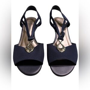 Impo Robee stretch EUC midnight blue sling wedge sandal silver detail 8 1/2
